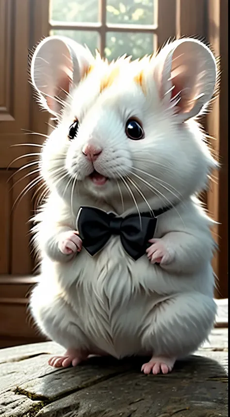 Cute fluffy white hamster, put on a tuxedo