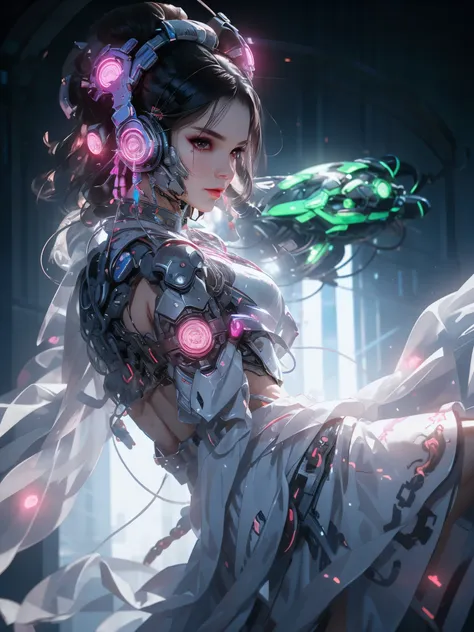 super resolution,real person, (actual: 1.3) ,1 girl, cyberhan, cyberpunk城, night, neon, lantern, (cheongsam),  dynamic poses, Detailed luminous headphones, Luminous hair accessories, long hair, Luminous earrings, glow necklace, cyberpunk,  full of mechanic...