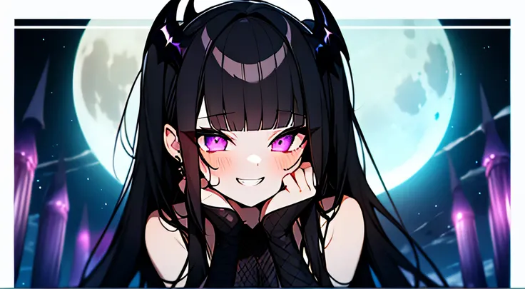 (moon night), alluring succubus,, vampire, dark gothic, Fishnet tights, black, (black hair), asymmetrical bangs, dull bangs, straight hair, long sideburns, both sides up, devilish girl, eyes are purple, teeth, make your eyes shine, cute, cute系, naughty smi...