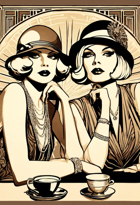 magazine design style , portrait，
Two women in fashionable clothes sitting at the table，Coffee on hand, The atmosphere of the 1920s, 1 9 2 0 s style, 1920s style, Roaring 20s, 1 9 2 0 s fabric style, Dressed in 1920s fashion, roaring twenties, Dystopian re...