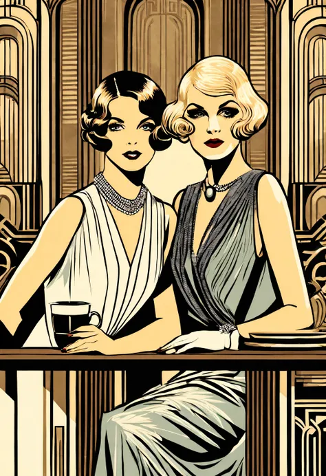 magazine design style , portrait，
Two women in fashionable clothes sitting at the table，Coffee on hand, The atmosphere of the 1920s, 1 9 2 0 s style, 1920s style, Roaring 20s, 1 9 2 0 s fabric style, Dressed in 1920s fashion, roaring twenties, Dystopian re...