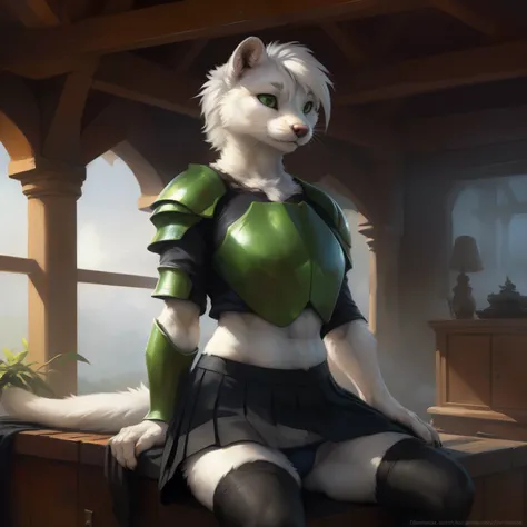 (ultra detailed), a beautiful and detailed full size portrait of a female anthro mustelid, stoat, tail, (((white body, fur, white skin, white hair))), green eyes, bedroom eyes, High Dynamic Range, cinematic shot, detailed eyes, big body goddess, kenket, Ro...