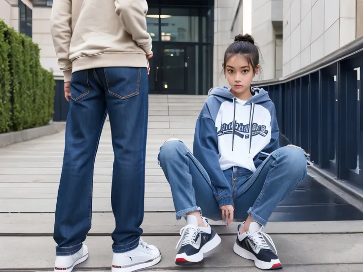 Teenage girl with ponytail wearing hoodie and jeans。There is a line in the crotch of the jeans.。