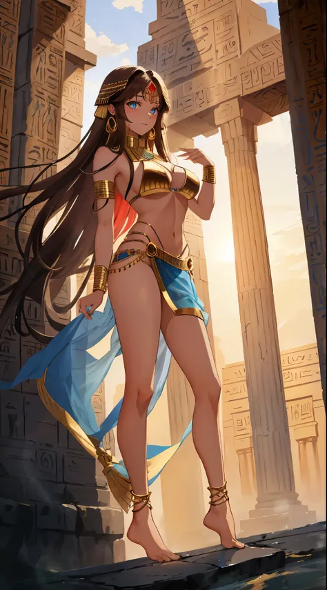 Ancient Egypt ,A captivating full body close-up of a Western Region Dancer, immersed in the intriguing world of fantasy. Her long, dark brown hair cascades down her shoulders, adorned with exquisite jewelry - a gold head chain, a delicate necklace, and a c...