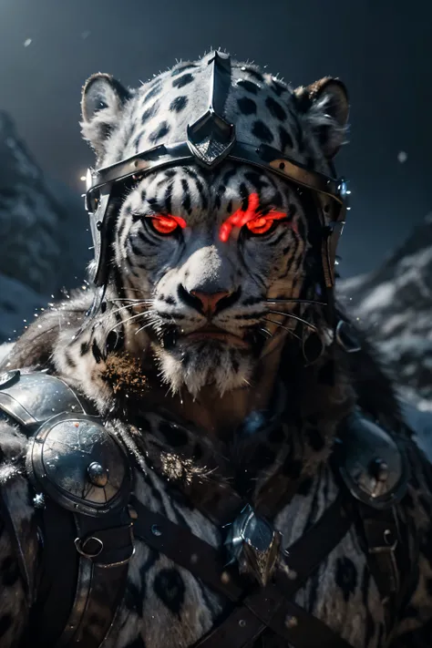 ((not a human, animal angry male snow leopard in epic viking armor with runes and helmet )), (red glowing eyes) ,raw photo, (Epic icy mountain landscape),(fighting the ice giant) masterpiece, Nordic, smoke, Best quality, Dynamic POS, ultra detailed, Metal ...