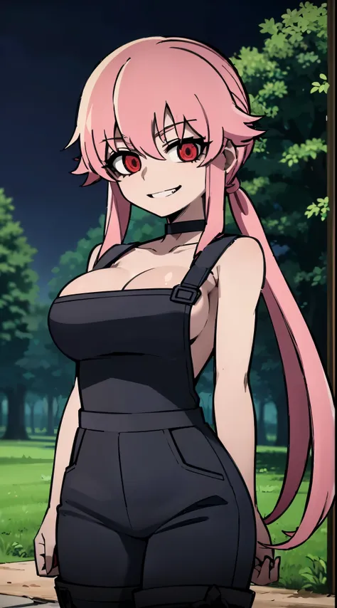 anime_still, masterpiece, best quality, 1girl, Gasai Yuno, long hair, pink hair, low twintails, smile, naked, red eyes, (large breasts:1.5),1girl, black choker, dark grey, (overalls:1.25), leather gloves, black boots, ((nigth:1.5)), (chasing you through th...