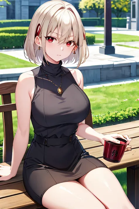 masterpiece, best quality, high resolution, fiona1, spy × family, hair_over_one_eye, solo, earrings, chest, expressionless, sweater dress, turtleneck sweater, sleeveless, outdoors, sitting, bench, platinum blonde, medium hair, red eyes