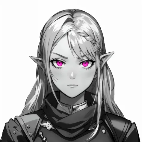 um close de uma pessoa com olhos rosa e uma camisa preta, retrato de Zelda, elven character with smirk, elfo negro, retrato da princesa Zelda, de um elfo do anel Elden, Elfa feminina, garota elfa, retrato dnd, elfa drow feminina, elfo negro princess, sombr...