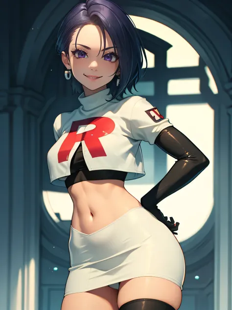 
defShamir ,earrings, glossy lips ,team rocket uniform, red letter R, white skirt,white crop top,black thigh-high boots, black elbow gloves, evil smile, hands on hips