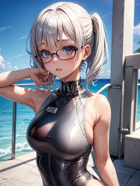 best image quality、8K、UHD、pieces fly、cute eyes、silver hair、Glasses、latex high neck swimwear、latex high neck school swimwear、short hair、短髪のsilver hair美女、wet skin、