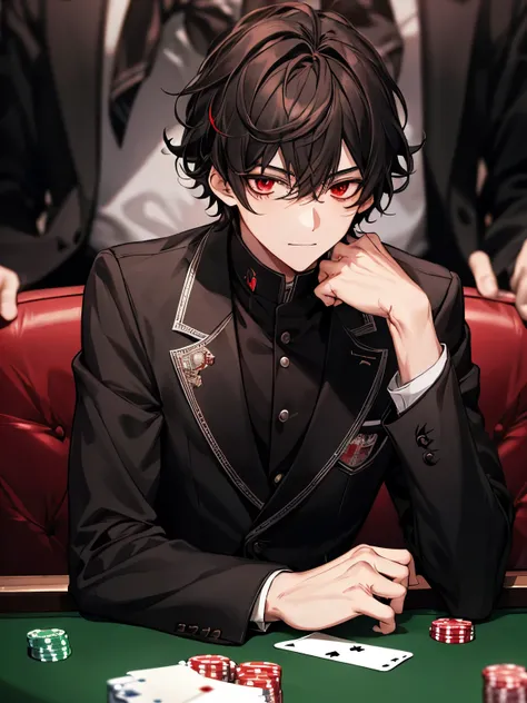 A boy, playing poker, dark curly hair, red eyes, red and black uniform, school