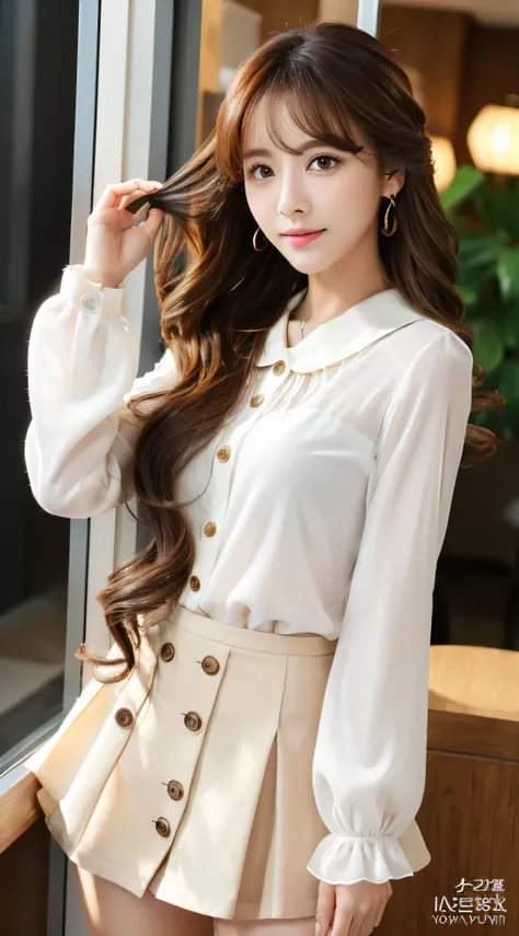 ulzzang -6500-v1.1、(Raw photo:1.2)、(フォトreal)、beautiful details、(real:1.4)、ighly detailedな目と顔、beautiful detailed eyes、standing in the office、(white sheer button blouse、long sleeve、with collar、Brown Mini Flared Skirt:1.2)、(超realなパンスト、high heels)、huge file si...