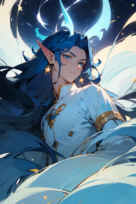 individual，Elf King,Proud，Looks pretty and handsome。Primaged double horns，dark blue hair，　Dark blue long hair spread loosely，Like stars in the night sky，Handsome face with perfect lines，A pair of light blue eyes，fair skin。Wear earrings on left ear，Wearing ...