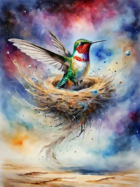 Watercolor Art, nest and hummingbirds, Watercolornest and hummingbirds, разноцветное акварельное nest and hummingbirds плавают в пространстве между землей и звездным небом и представляют собой плавный переход между облаками вверху и песком внизу., космичес...