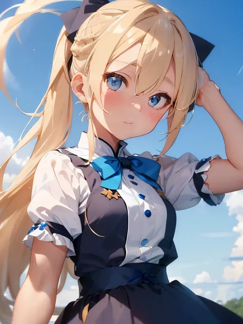 Blonde hair,((tied on one side of the head:1.3)),hanging down loosely with a large blue ribbon at the knot. A faint stardust effect emanating from the hair. A tsundere personality with a confident and bold expression. Eyes like shining jewels, blue in colo...