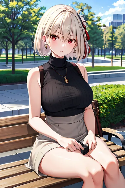 masterpiece, best quality, high resolution, fiona1, spy × family, hair_over_one_eye, solo, earrings, chest, expressionless, sweater dress, turtleneck sweater, sleeveless, outdoors, sitting, bench, platinum blonde, medium hair, red eyes