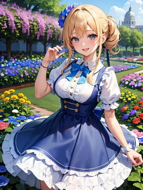 Blonde hair,((tied on one side of the head:1.3)),hanging down loosely with a large blue ribbon at the knot. A faint stardust effect emanating from the hair. A tsundere personality with a confident and bold expression. Eyes like shining jewels, blue in colo...