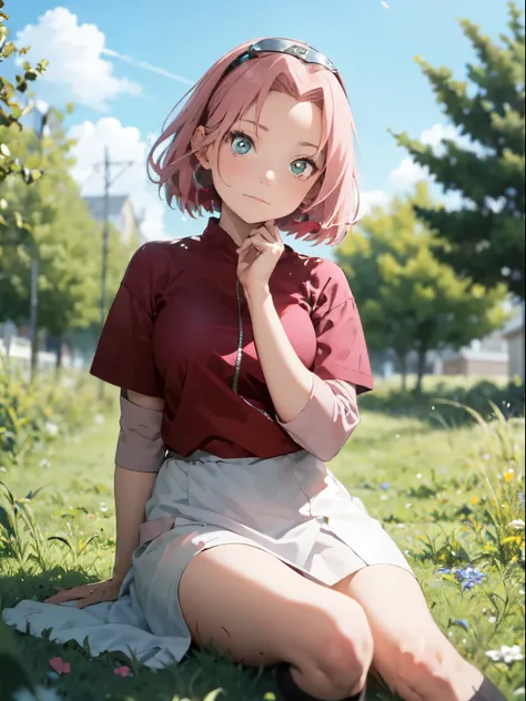 (masterpiece, best quality),1woman , sakura from naruto with pink hair sitting in a field of green plants and flowers, her hand ...