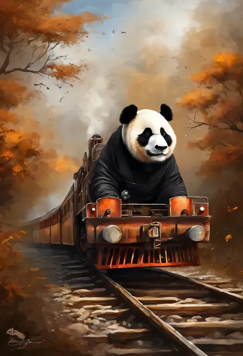 brown and white panda幼崽, brown and white panda, , 带翅膀的brown and white panda天使从天空看着出发的train, snowstorm, snowstorm, Express to heaven, cuckoo, Beautiful digital images, charming illustrations, Sajimi, train, andrey gordeev, rails, charming数字, magical scene, ...