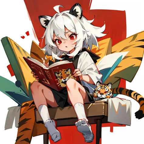 a white hair，red eyes ，The little girl with tiger ears reads a book seriously