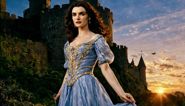 beautiful young lady (Rachel Weisz), (22 anos), vestido longo "008b8b", de corpo inteiro, em um mundo de fantazia castelo nas nuves, em um por do sol com unicornil