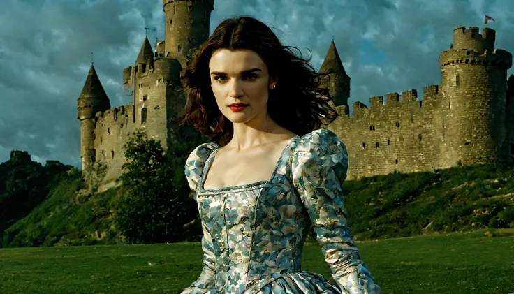 beautiful young lady (Rachel Weisz), (22 anos), vestido longo "008b8b", de corpo inteiro, em um mundo de fantazia castelo nas nuves, em um por do sol com unicornil