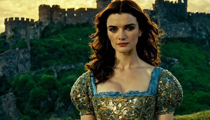 beautiful young lady (Rachel Weisz), (22 anos), vestido longo "008b8b", de corpo inteiro, em um mundo de fantazia castelo nas nuves, em um por do sol com unicornil