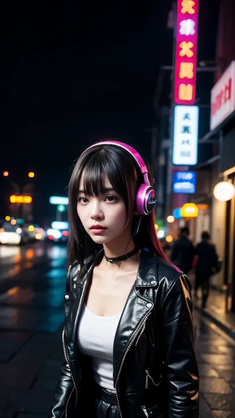 chinese cyberpunk bjd doll girl, wearing headphones and short black clothes, burgundy, cerulean and dianthus pink, inspired in a...