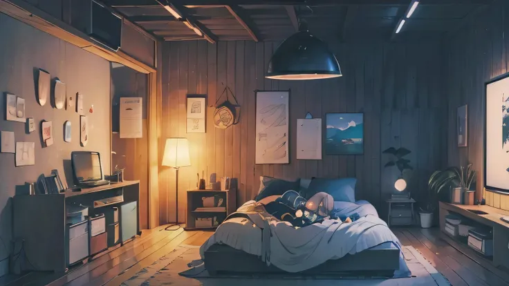 unmanned, cozy room at night, Usando fones de ouvido, Anime estilo 2D, Lo-fi, disco Rigido, Ambiente escuro,, cabelo marrom, olhos pretos, pele parda, unmanned, cozy room at night, 2D style anime, lo fi, hard disk, dark environment