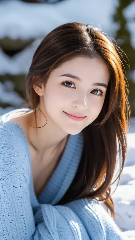 highest shape, Super detailed, finely, High resolution, 8k wallpaper, beautiful and detailed eyes, winter dress, medium hair, small breasts, natural color lip, smile,、20 year old girl, in the hot spring, midnight, beautiful and detailed face, big cleaves, ...