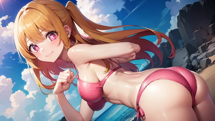 solo, (1 girl:1.3), 1 Grill, Hoshino Ruby, (yellow hair:1.5), long hair, (pink eyes:1.5), (side lock:1.3), (Star pupil of the left eye:1.5), (Pink right eye:1.5)
side-tie bikini, Red and white bikini, (leaning forward:1.3), (put your hand on your butt:1.3)...