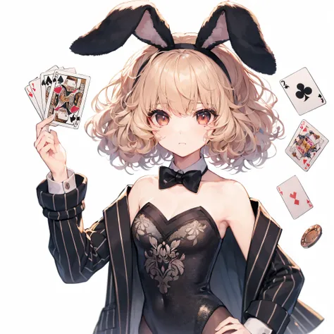 1 girl, 28 years old, human, playgirl, medium curly bright blonde hair, asymmetrical bangs, wearing a bunny girl outfit with a black leotard, rabbit ears, and a bowtie, holding playing cards, average body type, ultra-detailed face with cute eyes and dark b...