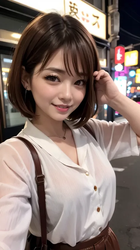 japanese idol　mature woman　Dirty makeup　A happy smile　brown hair　short hair　33 years old　white blouse　neon city at night　Minako Nagai　After drinking alcohol