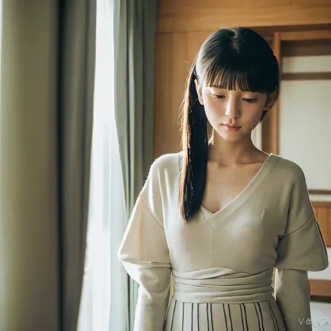 (best quality,8K,masterpiece:1.3),1girl,Japanese language,elementary school student,sexy,cute face,slim abdominal muscles:1.3,(hairstyle casual,big:1.2),knit dress:1.1,V-neck design,super slender face,slender figure,very small breasts,extremely narrow wais...