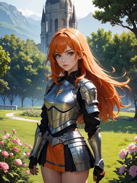 1 woman, small breasts, sole female, armour, shoulder plate, breastplate, shield, long hairs, orange hairs, scenery, green fields, tree, flowers, looking at viewer, miniskirt 