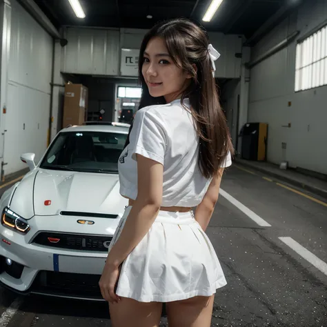 from back, face focus, looking at viewer, cute   smile, day,white, moody lighting, Tyndall effect, Cinematic Lighting, HD, a beautiful 25 years old Asian girl, ribbon bow on her long hair, infront of gtr car, standing and posting, wearing miniskirt, wearin...