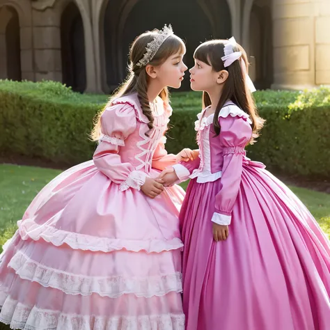 highest quality, masterpiece, highest resolution, artwork, super get used to it, many become familiar with, become familiar with, get used to it, woman, 10 years old,the two girls are princesses,pink victorian dress,long sleeve,long dress,A dress with lots...