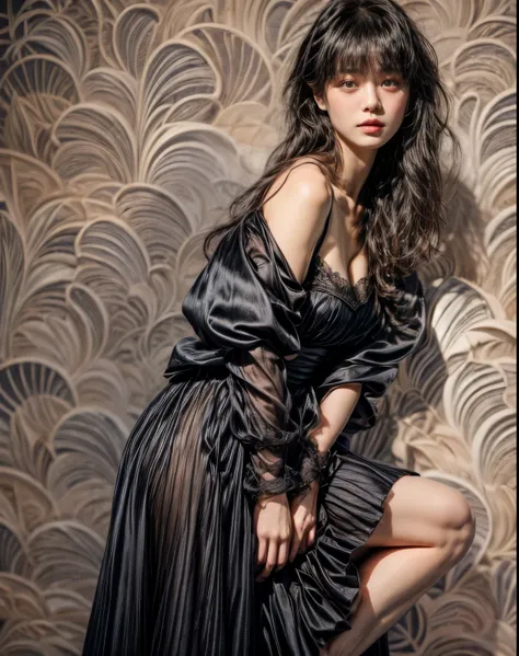 masterpiece、8K、32K、highest quality、(Detailed both eyes)、(cute japanese woman、bangs:1.3)、23 years old、1 girl、elegant、black hair、(olaroid photograph of:1.4)、(Black dress:1.4)