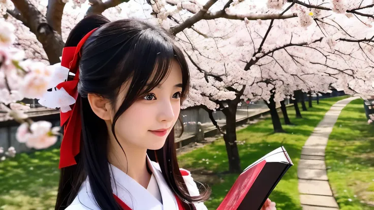 Japanese style beauty with long black hair、shrine maiden costume、I look down and read under the cherry blossom tree.、profile、