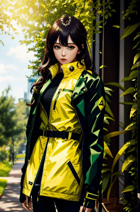 arafed woman in a green and yellow jacket and black pants