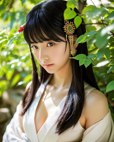 beautiful japanese woman　beautiful and fine eyes　hair ornaments　black hair　upset long hair　She takes off her shrine maiden clothes halfway through.　Shoulders are sticking out　Dense and perfect breasts　Mysterious　shrine　Asahi　Sunlight through the leaves