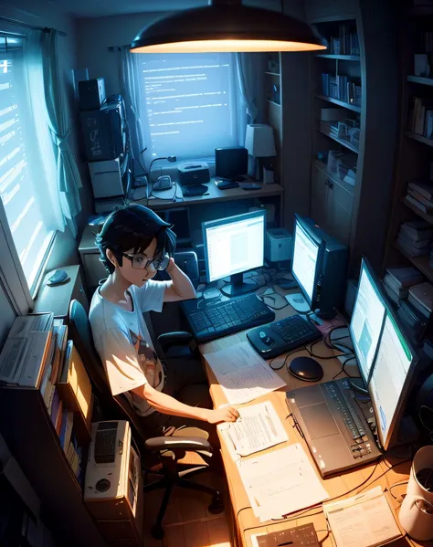 a nerdy boy is programming at a computer in a room full of gadgets, by makoto shinkai and ghibli studio, dramatic lighting, highly detailed, incredible quality  