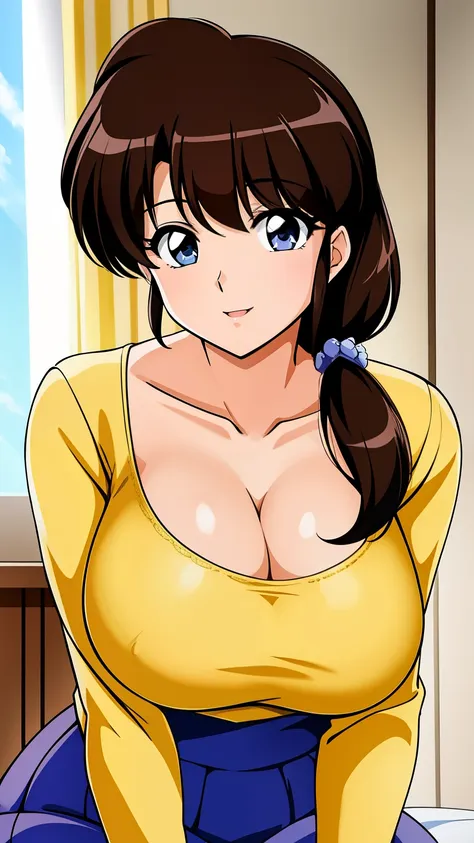 tendou_kasumi, yellow_shirt_blue_high-waist_skirt, solo, large breasts,, masterpiece, best quality, detailed face, detailed eyes...