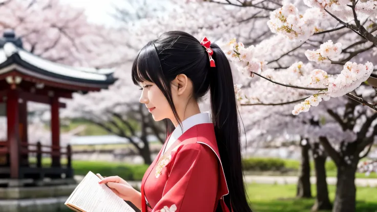 Japanese style beauty with long black hair、ponytail、shrine maiden costume、I look down and read under the cherry blossom tree.、profile、SakuraFubuki