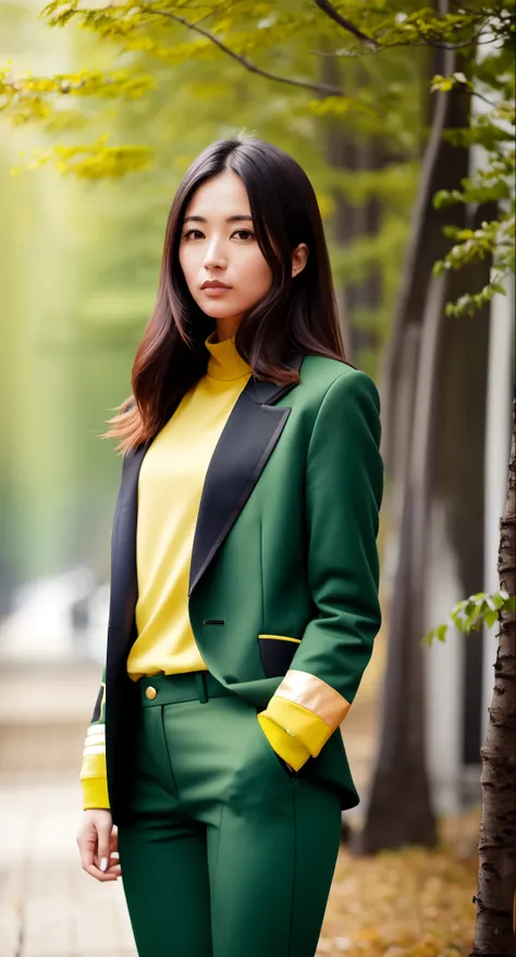 arafed woman in a green and yellow jacket and black pants