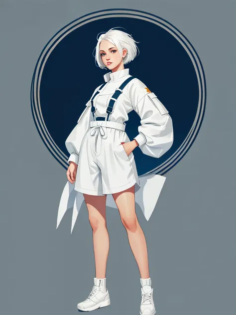 A girl with short white hair, white hair, full body, character design, digital art, digital painting, baggy clothes, detailed face, bandaid, piercing, beautiful eyes, detailed body, high quality, charecter design sheet, dynamic pose, front view,  side prof...