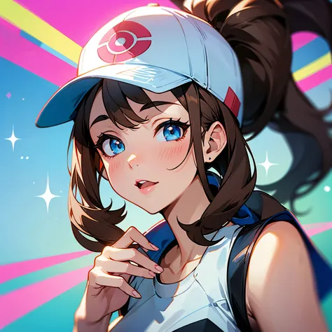 Hilda from Pokémon, Pokémon trainer, cute girl, brown hair, white and pink baseball cap, ponytail, jean shorts, sleeveless top, pretty, glossy lips, adult woman, 25 years old, american woman, tomboy, sky blue eyes  