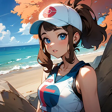 Hilda from Pokémon, Pokémon trainer, cute girl, brown hair, white and pink baseball cap, ponytail, jean shorts, sleeveless top, pretty, glossy lips, adult woman, 25 years old, american woman, tomboy, sky blue eyes  