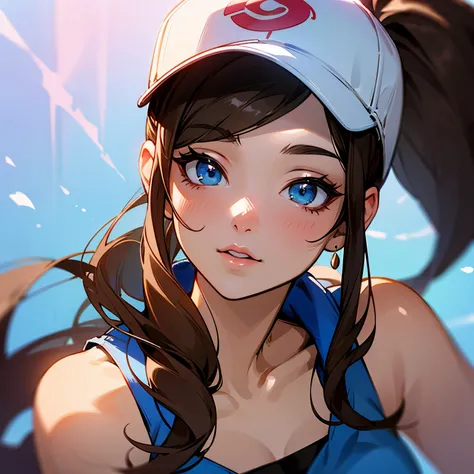 Hilda from Pokémon, Pokémon trainer, cute girl, brown hair, white and pink baseball cap, ponytail, jean shorts, sleeveless top, pretty, glossy lips, adult woman, 25 years old, american woman, tomboy, sky blue eyes  