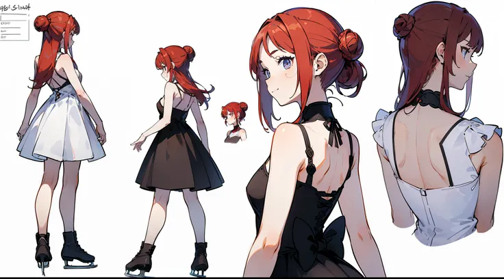 ((Best quality)), ((masterpiece)), ((Realistic)) 19 years, red-haired girl, armpit-length hair, relaxed happy face ((Slim)) (busty), ((( Figure skaters dress)))(((exy dress))hairstyle bun, (((detailed character sheet, front view, side view, three quarter v...